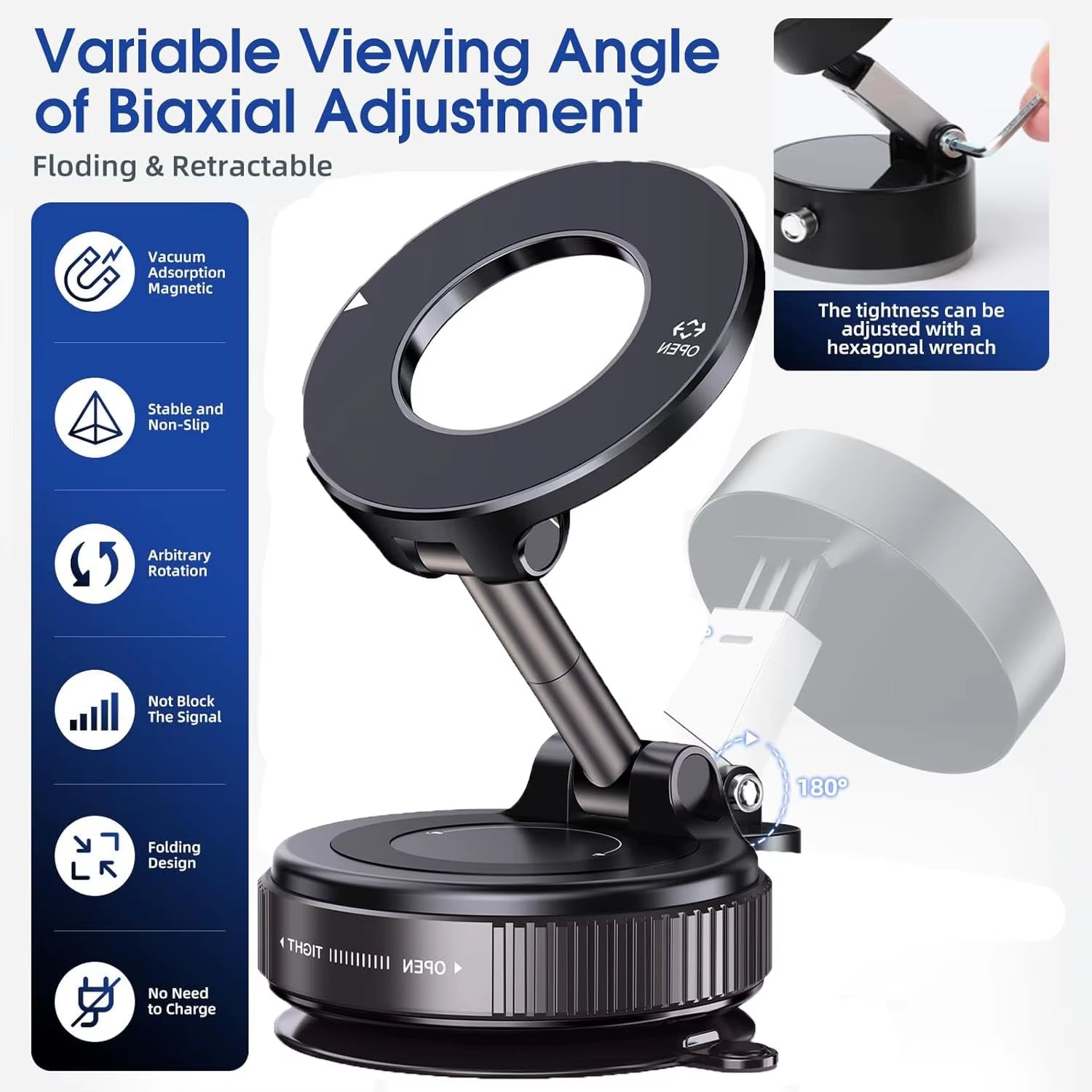 Vacuum Magnetic Phone Holder, Magsafe Suction Cup Phone Holder, 360 ° Adjustable Magnetic Phone Holder, Pocket Sized Foldable