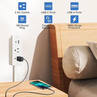 Electrical Outlet Extender Features USB-A, USB-C, and 2 AC Electrical Outlet Ext